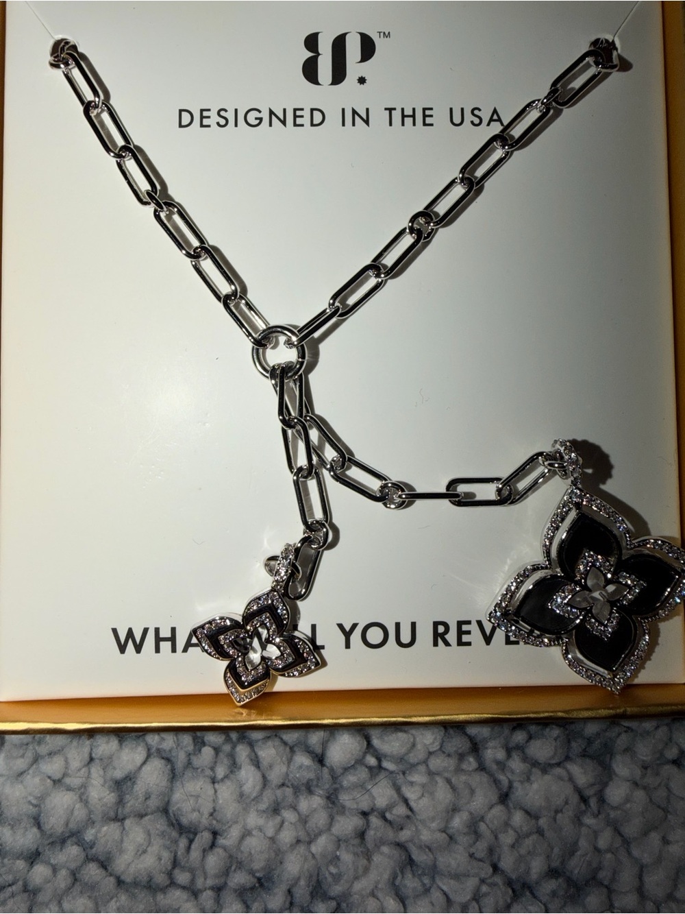 bp Silver and Black Floral Y-Necklace